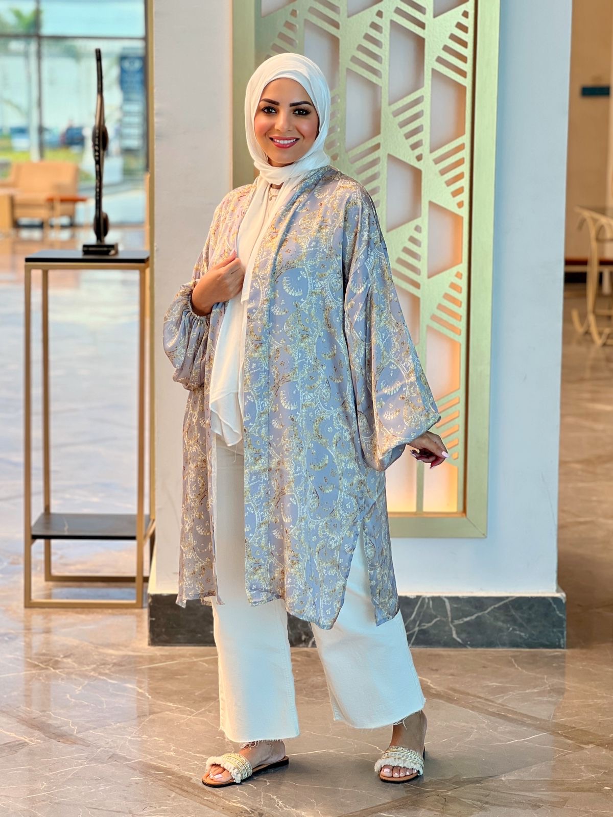 Silk Satin Patterned Cardigan - Gray