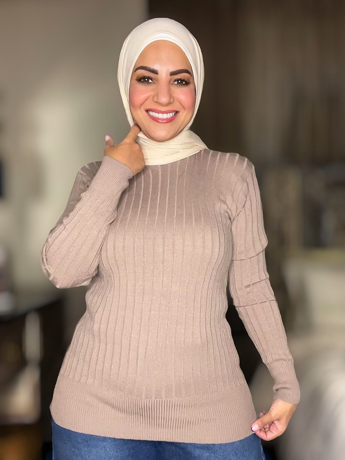 Knitted Striped High-cool Pullover - Free Size - Café