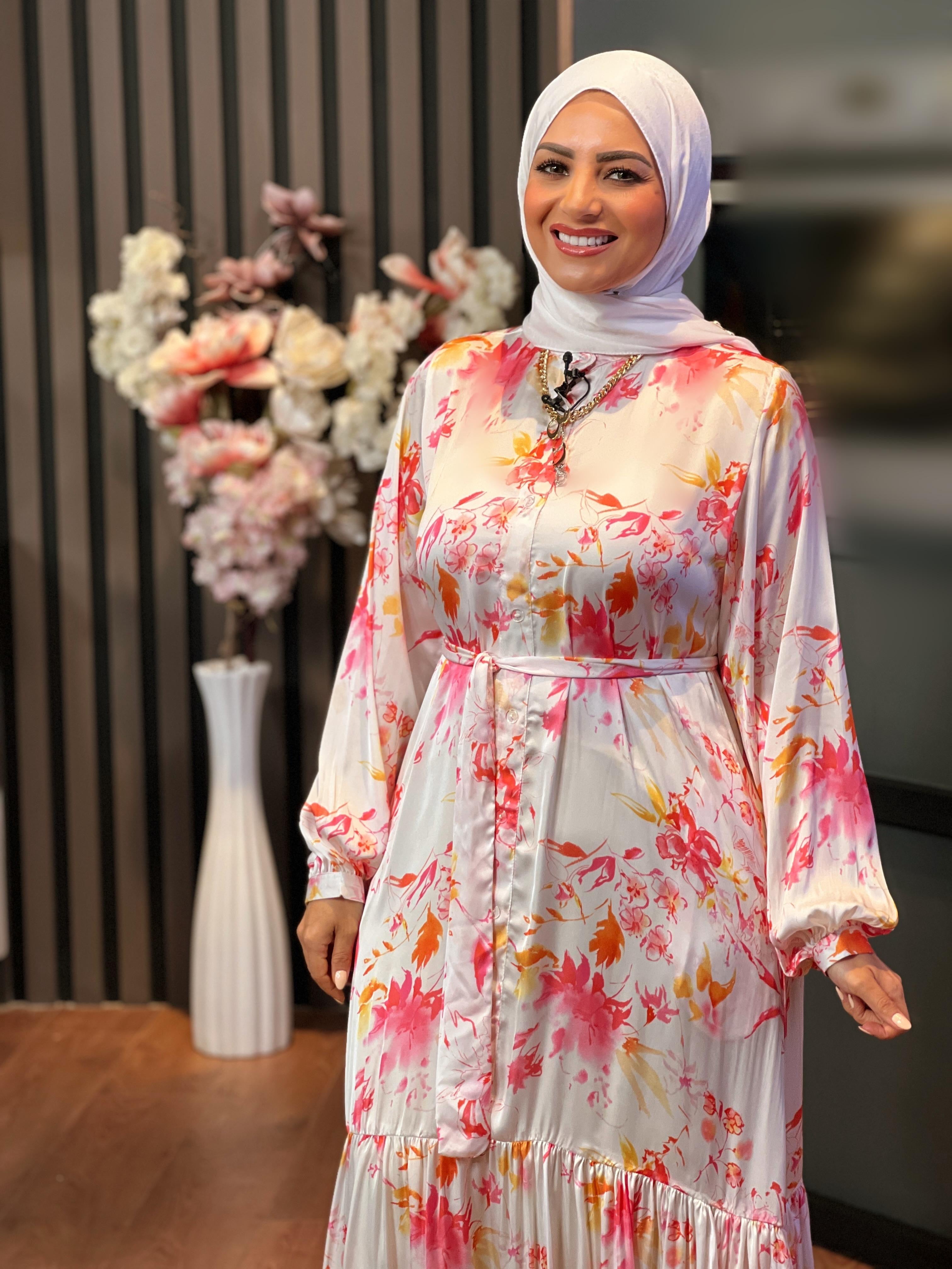 Floral Satin Dress Fuchsia & Orange