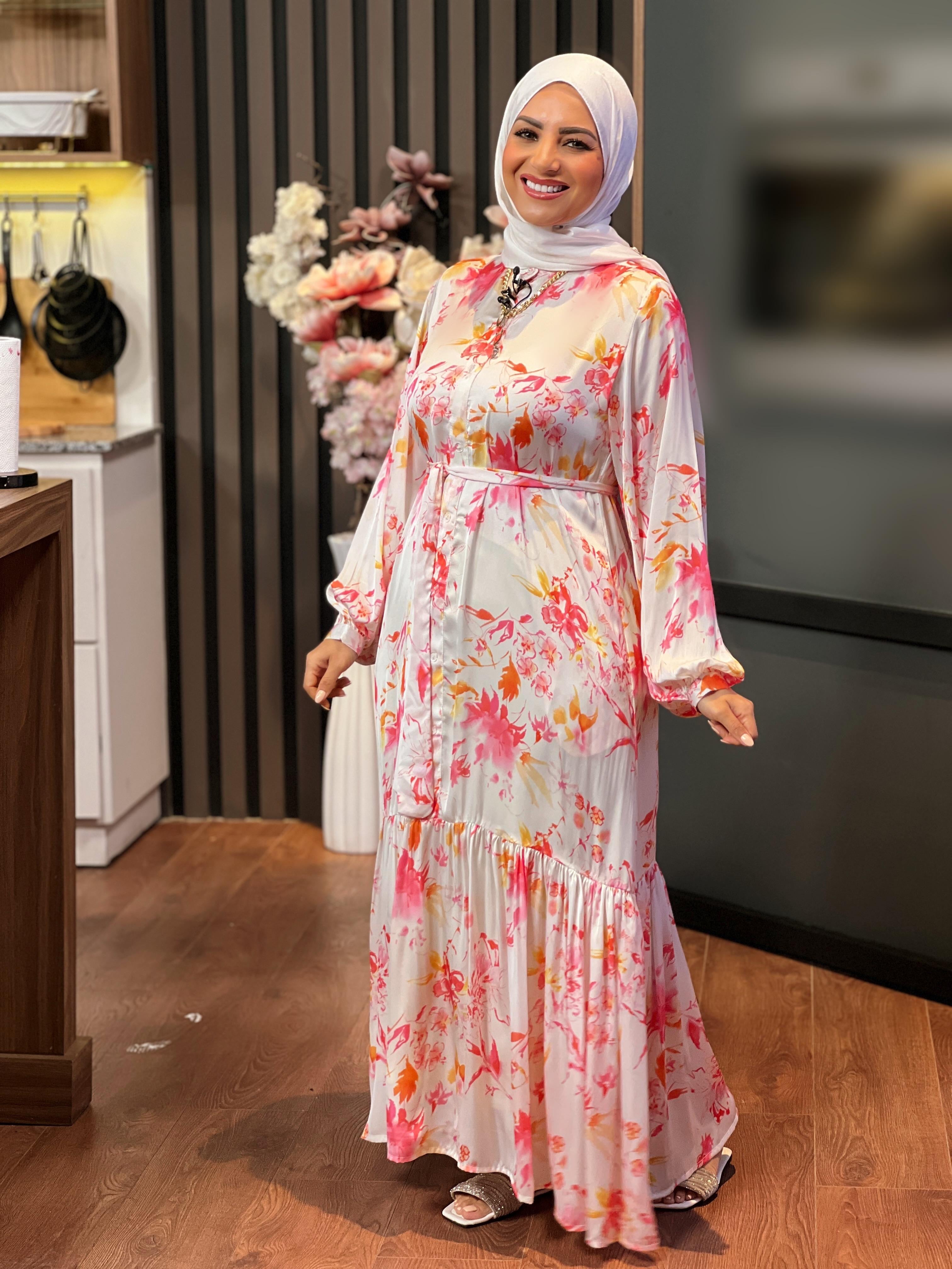 Satin Printed Dress With Long Sleeves - Fuchsia  &  Orange