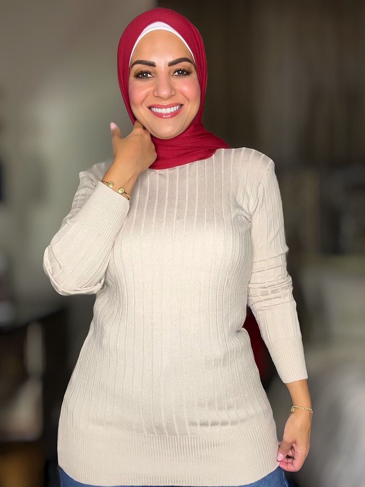 Knitted Striped High-cool Pullover - Free Size - Biege