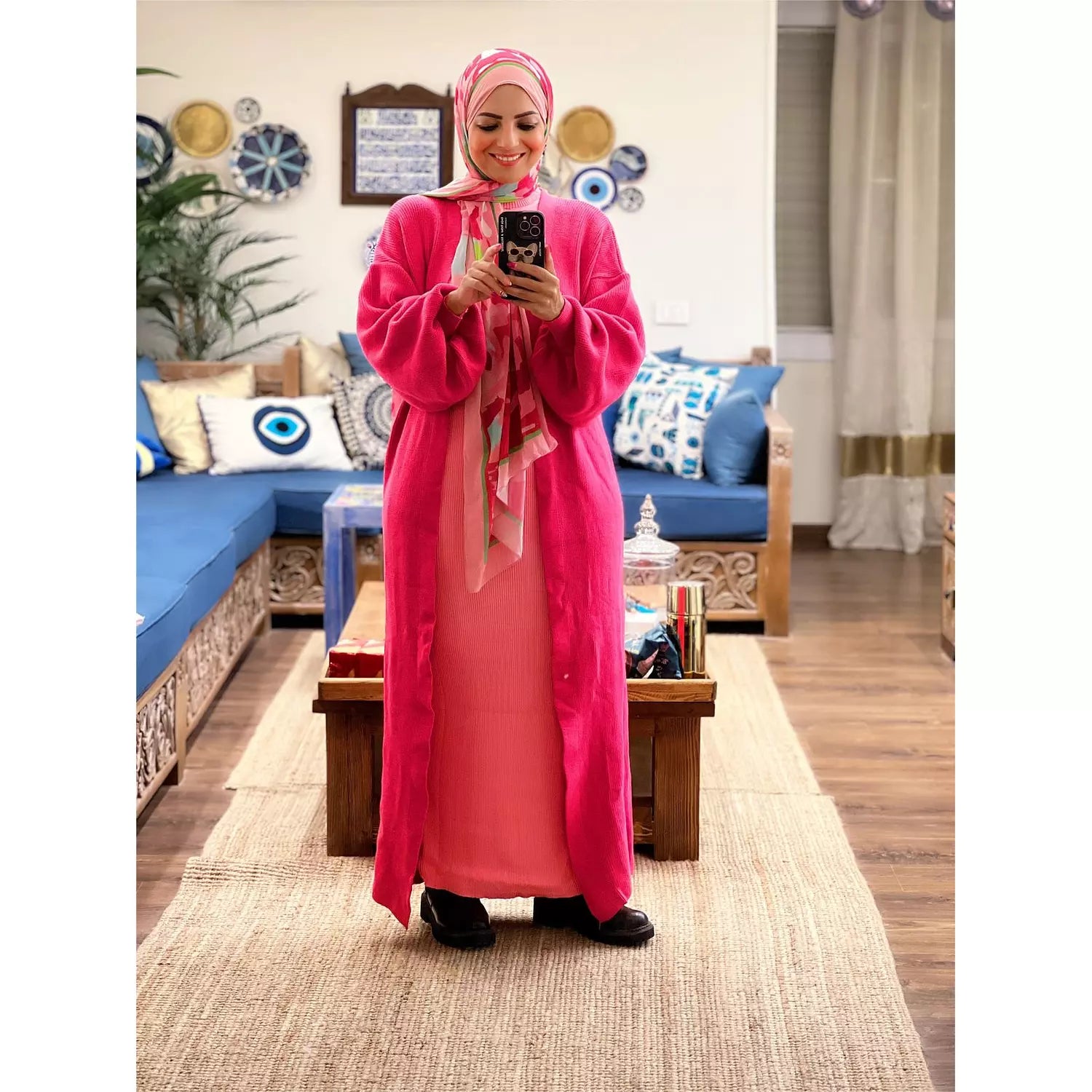 Drop Shoulder Knitted Cardigan - hotpink