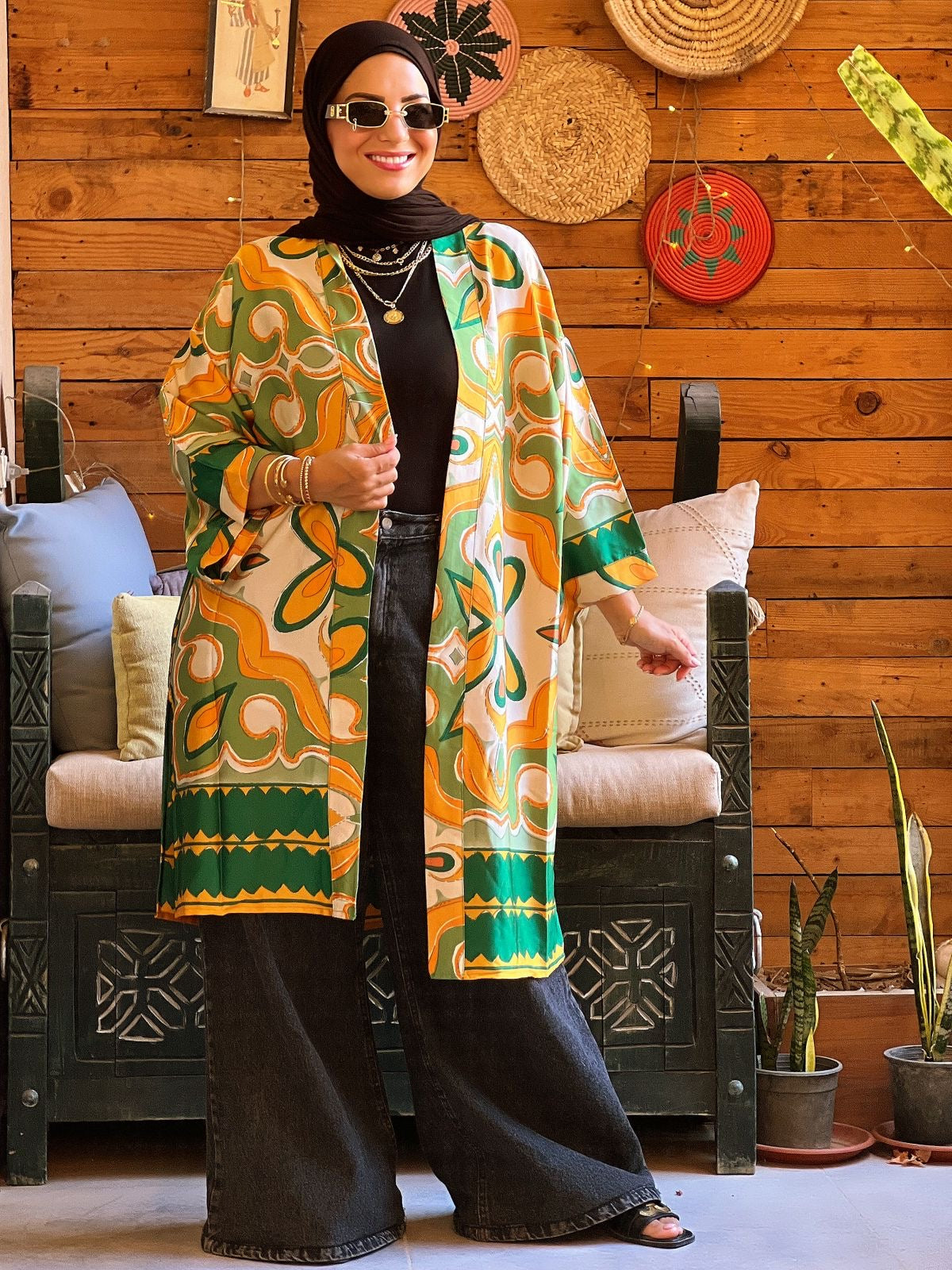 Flower kimono - Biege and Green 