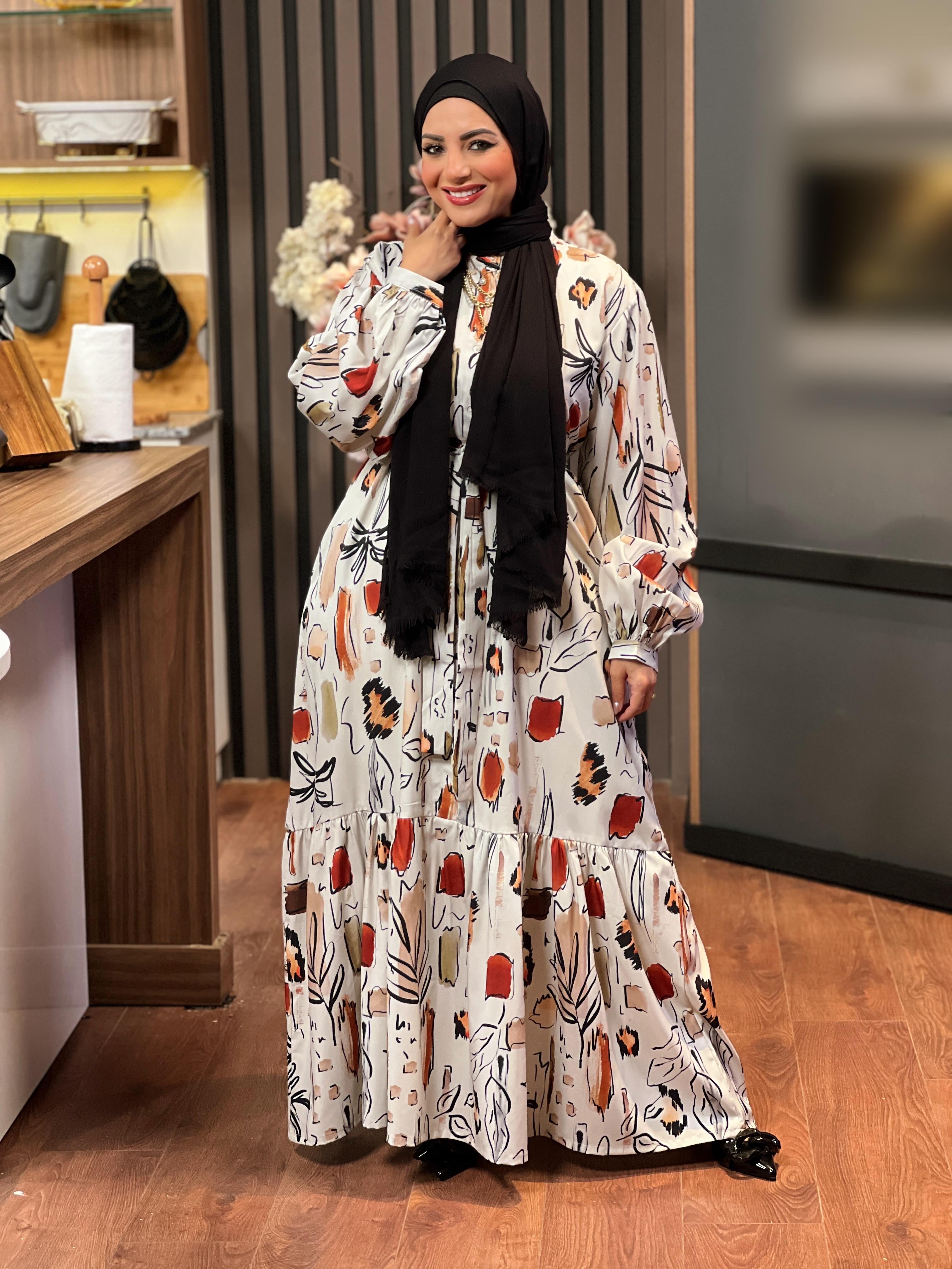 Soft Printed Dress With Long Sleeves - Gray & Red 